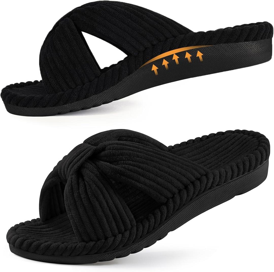 Litfun Orthopedic Arch Support Slippers for Women Comfortable Open Toe Indoor House Slippers Corduroy Cross Bow Bedroom Shoes for Plantar Fasciitis (7.5, Black)