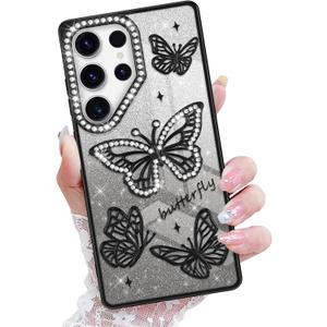 Newseego for Samsung Galaxy S25 Ultra Case, Luxury Cute Bling 3D Butterfly Gradient Glitter Plating Case for Women Girls Soft TPU Bumper Shockproof Protective Cover for Samsung Galaxy S25 Ultra-Black