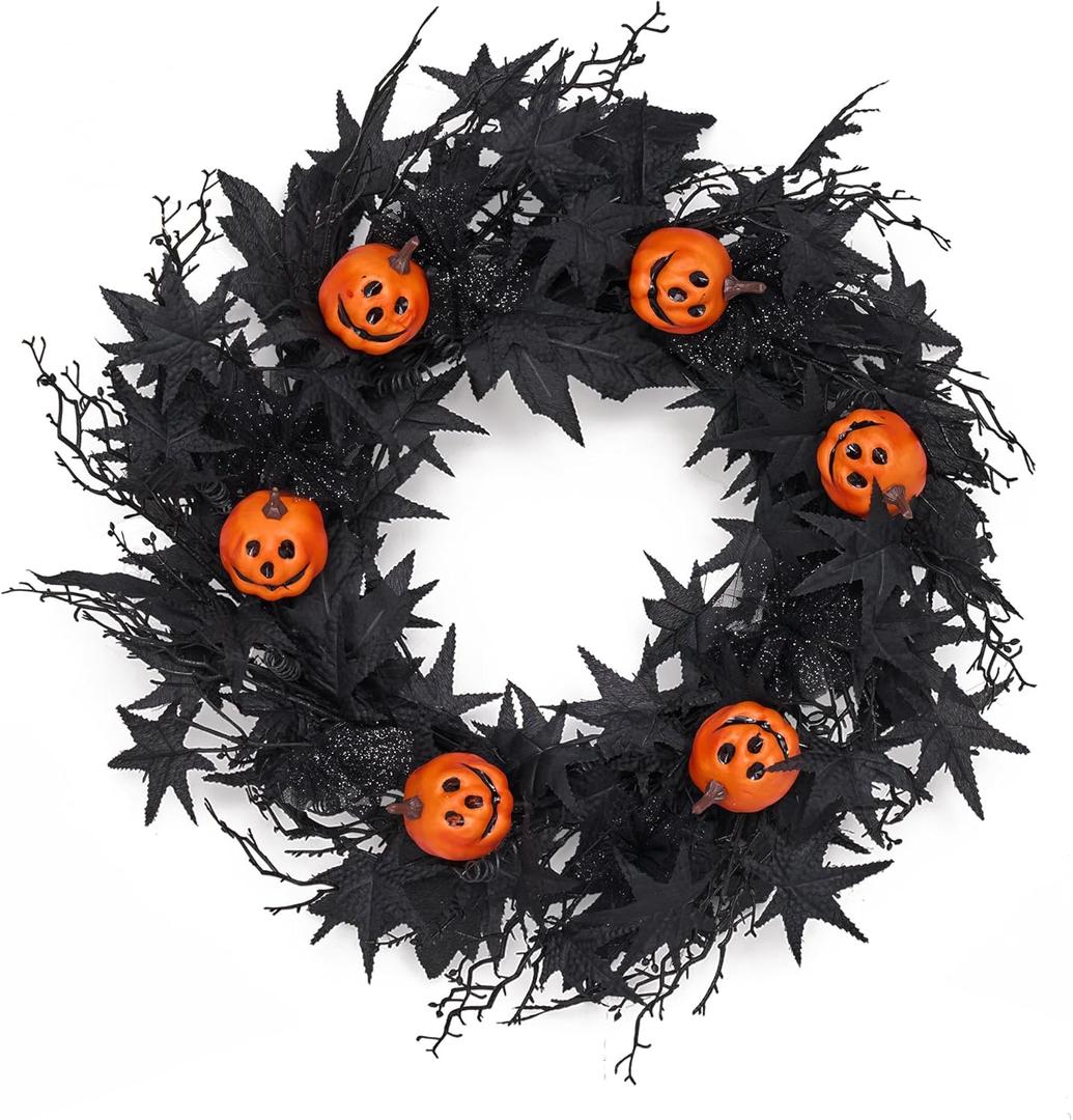 GENMOUS Halloween Wreath for Front Door - 22inch Eucalyptus Wreaths with Pumpkin, Maple Leaves, Dry Branches for Indoor Outdoor Wall Window Porch Patio Garden Farmhouse Home Party Prom Decoration