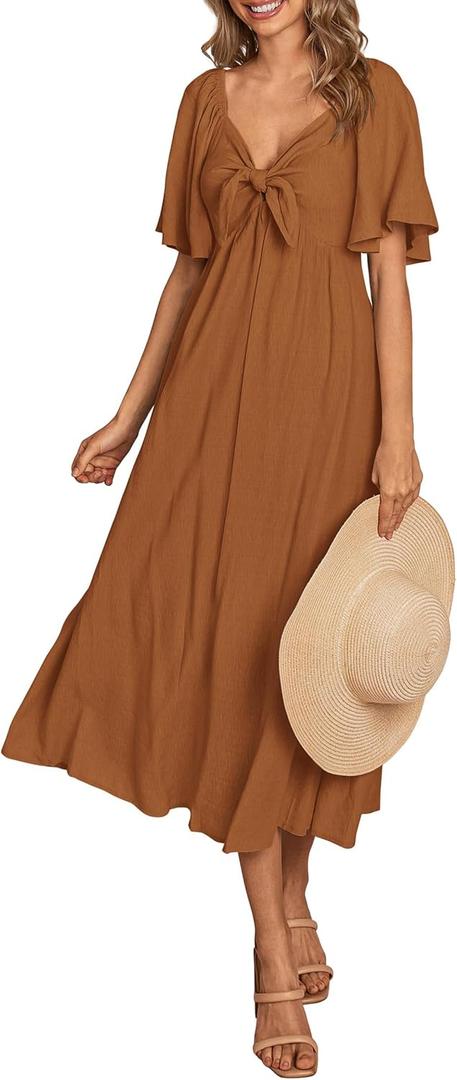 PRETTYGARDEN Summer Dress for Women 2025 Casual Short Sleeve Bow Tie V Neck Ruffle Midi Flowy Dresses (Brown, Large)