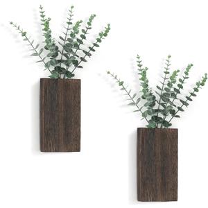 Dahey 2 Pack Wood Wall Planter Vase with Artificial Eucalyptus Farmhouse Wall Hanging Decor Pocket Planter for Indoor Fake Plants Greenery, Living Room Bedroom Kitchen Home Office Decoration (Medium, Brown)