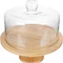 Wood Cake Stand Footed Round Wood Server Cake Stand with Glass Dome Rustic Party Tray Dessert Cupcake Plate for Wedding Christmas Birthday Party Graduation