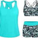 Tempt Me 3 Piece Tankini Swimsuits for Women Athletic Bathing Suits Swim Tank Top with Boy Shorts and Bra Modest Swimwear L