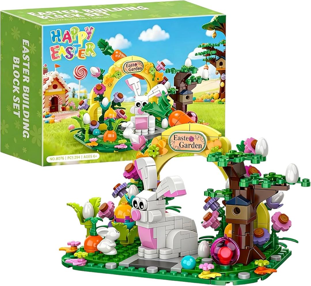 Easter Bunny Garden Building Set, 294 PCS Easter Basket Stuffers for Kids, Creative Flower House with Colorful Eggs & Carrot, STEM Spring Holiday Toys Classroom Prizes Gift for Boys Girls 6-12