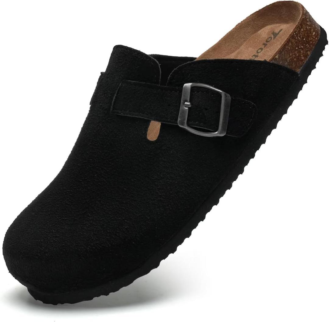 Torotto Womens Clogs Cork Footbed Suede Slippers Arch Support Potato Shoes with Adjustable Buckle (11, Black)