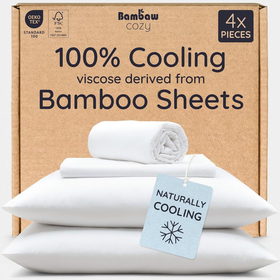 Bambaw 100% Viscose Derived from Bamboo Sheets Queen Size Deep Pocket Set 4pcs Hotel Luxury Bed Sheets Set, Fits Up to 16'' with Elastic Corner Straps, Ultra Soft Cooling Sheets Queen Size (White)