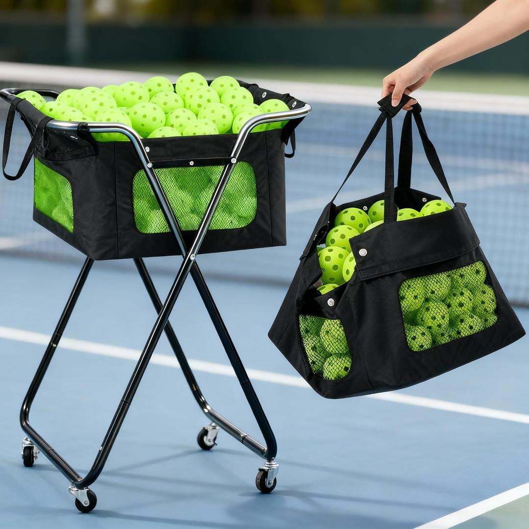 RoundFunny Dinkball Caddy Foldable Tennis Ball Basket Hopper with Wheels Portable Cart Holds 140 Dinkball or 175 Tennis Ball Basket Hopper Holders for Training Teaching