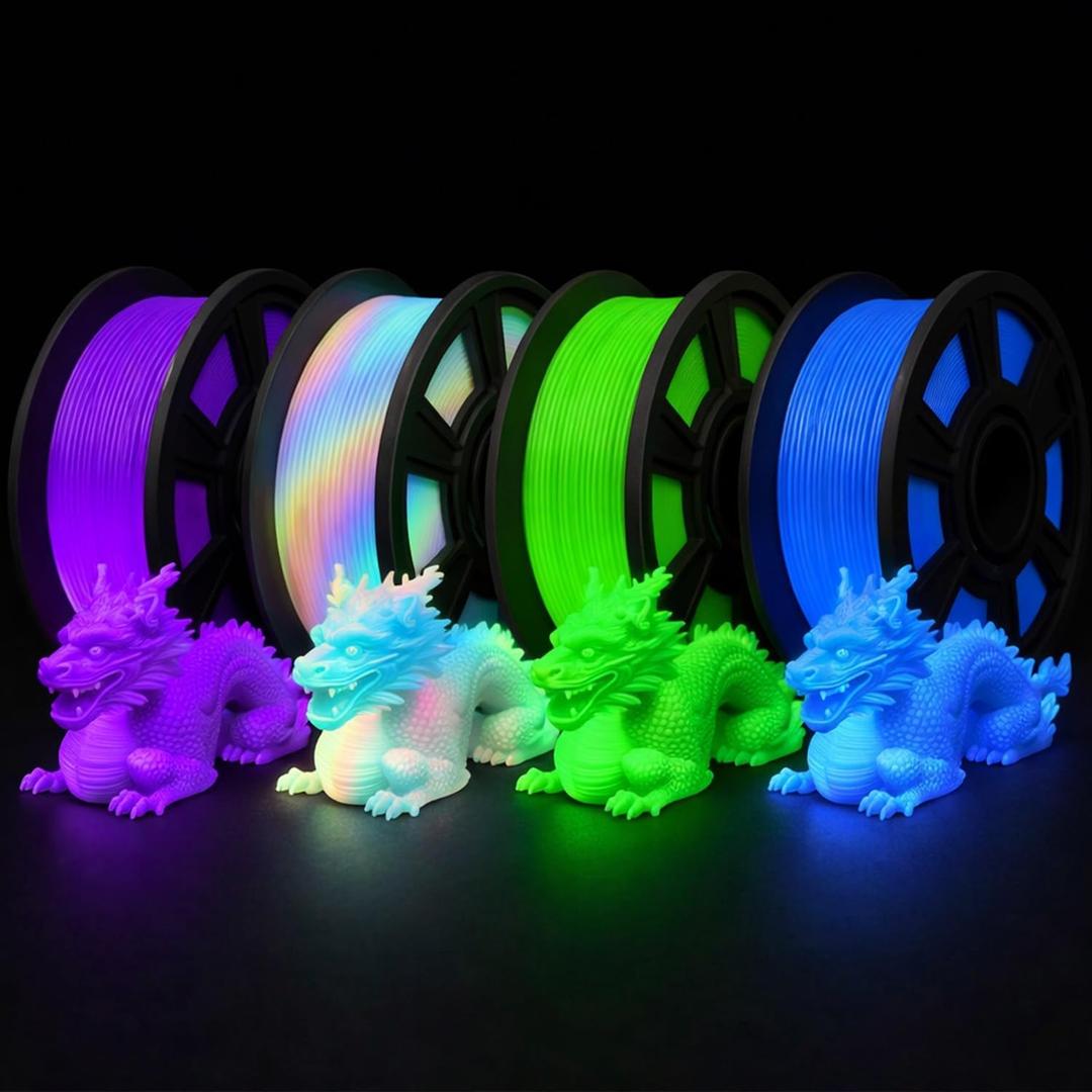 3D Printer Filament Bundle, Glow in The Dark Filament Multicolor, Green, Blue, Purple and Rainbow, PLA Filament 1.75 mm, Dimensional Accuracy +/- 0.03 mm, 250g X 4 Pack