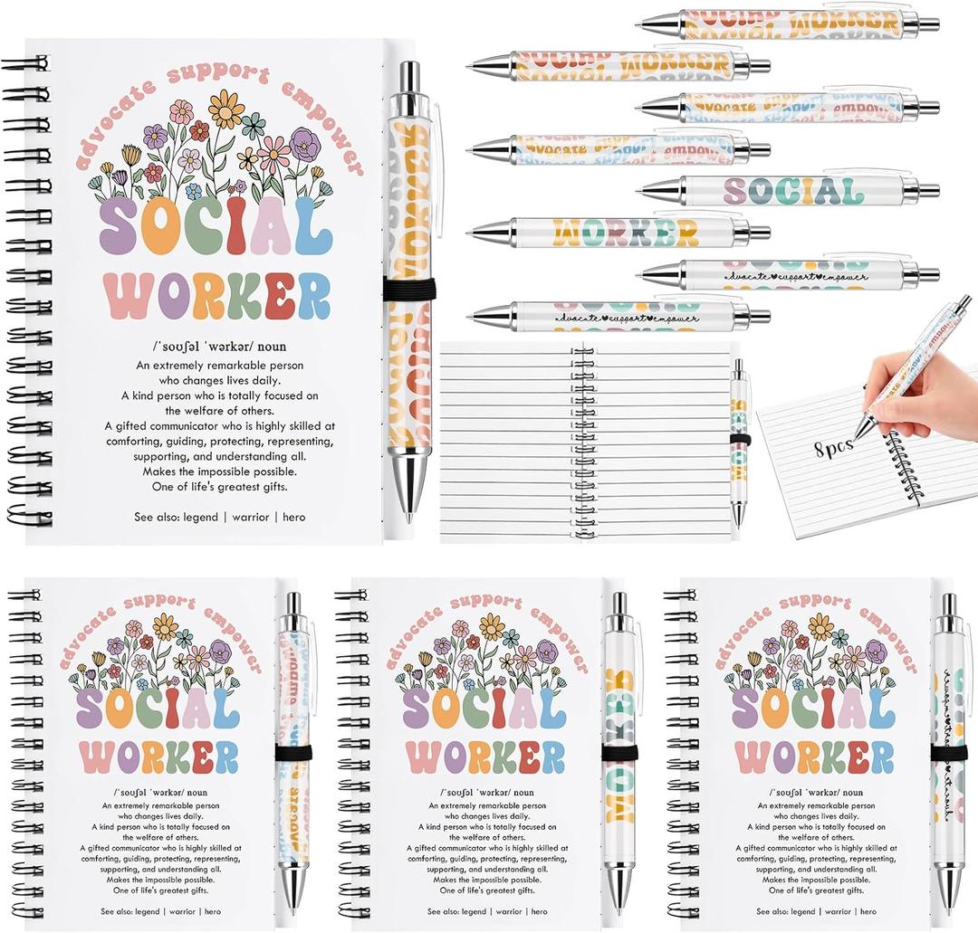 Motipuns 8 Set Social Worker Appreciation Gift Bulk Volunteer Notebooks and Ballpoint Pens Inspirational Appreciation Notepads for Women Men Volunteer Social Worker Graduation Coworker