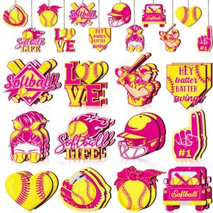 Frienda 24 Pcs Softball Wooden Ornament Softball Cutout Wood DIY Crafts Softball Wooden Hanging Ornaments with Twines for Softball Party Decoration