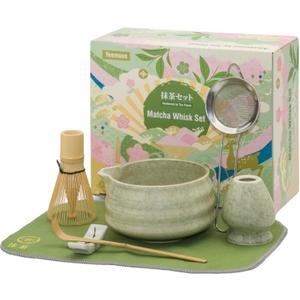 Matcha whisk Set,7 Pcs Matcha Making Kit with whisk Whisk, Ceramic Bowl, Sifter, Scoop, Holder, Stand, and Tea Towel for Ultimate Matcha Experience Mottled Green