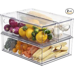 Bronkeeper Pull Out Clear Fridge Organizer Drawers with Drainer, Refrigerator Stackable Storage Bins for Kitchen Fruit & Veggie Organization (Complete Set)