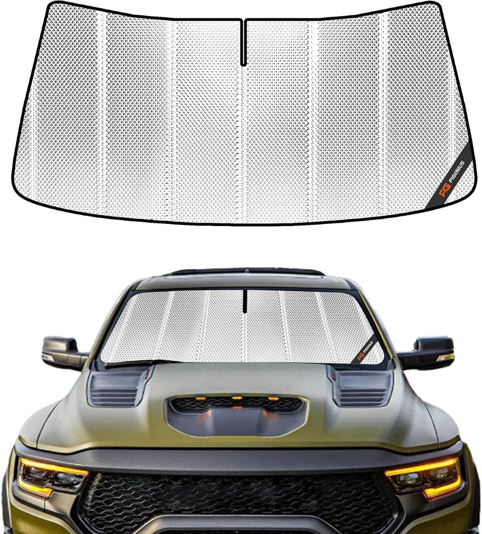 Pigenius Windshield Sun Shade for Ram 1500 2009-2018, Ram 1500 Classic 2019-2024. Full Coverage Rearview Mirror Shade for Ultimate Protection