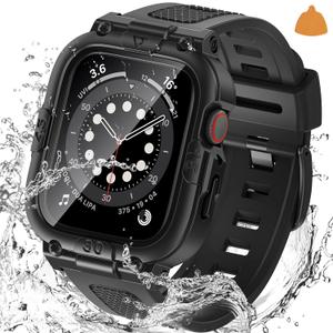 Goton 3 in 1 Waterproof Case and Band with Tempered Glass Screen Protector for Apple Watch Series 10 9 8 7 6 5 4 SE2 SE Ultra 46mm 42mm 44mm 40mm 45mm 41mm 49mm, Bumper Cover for iWatch Accessories (Black)