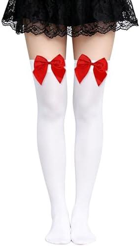 Parma77 Women's Satin Bow Stockings, Thigh High Stockings with Bows Over The Knee Socks, Thigh High Over Knee Stocking, Red
