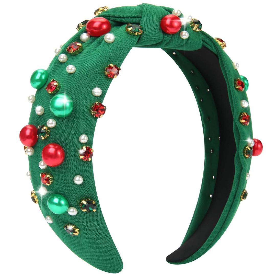 Christmas Headbands for Women - Red Green Pearl Rhinestone Crystal Jeweled Christmas Headband - Fashion Elegant Wide Top Knotted Headband for Women Holiday Costume Accessories(Green)