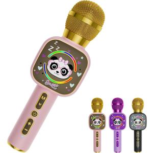 Bluetooth Karaoke Microphone Toy for Kids - Mini Portable Speaker with LED Lights, Wireless Pairing (TWS) for Duet Singing, Christmas Birthday Gift Toys for Boys & Girls Ages 2-12 (Pink - 1)