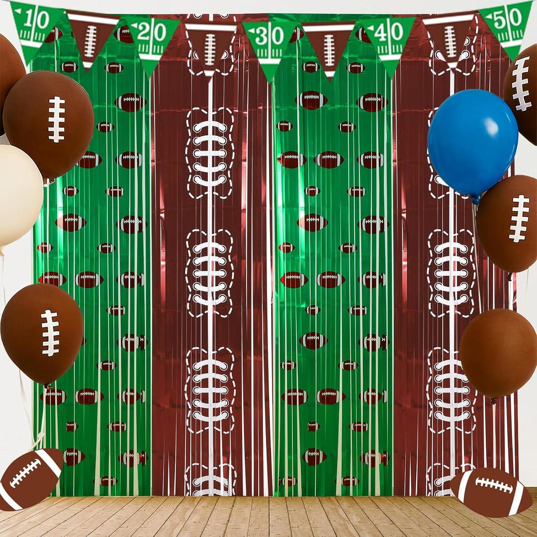 Boao 2 Pack Football Party Decorations 3.3x6.6 ft Shiny Tinsel Backdrop Green and Brown Football Tinsel Foil Fringe Curtains Backdrop Photo Props for Sports Rugby Birthday Party Home Decorations