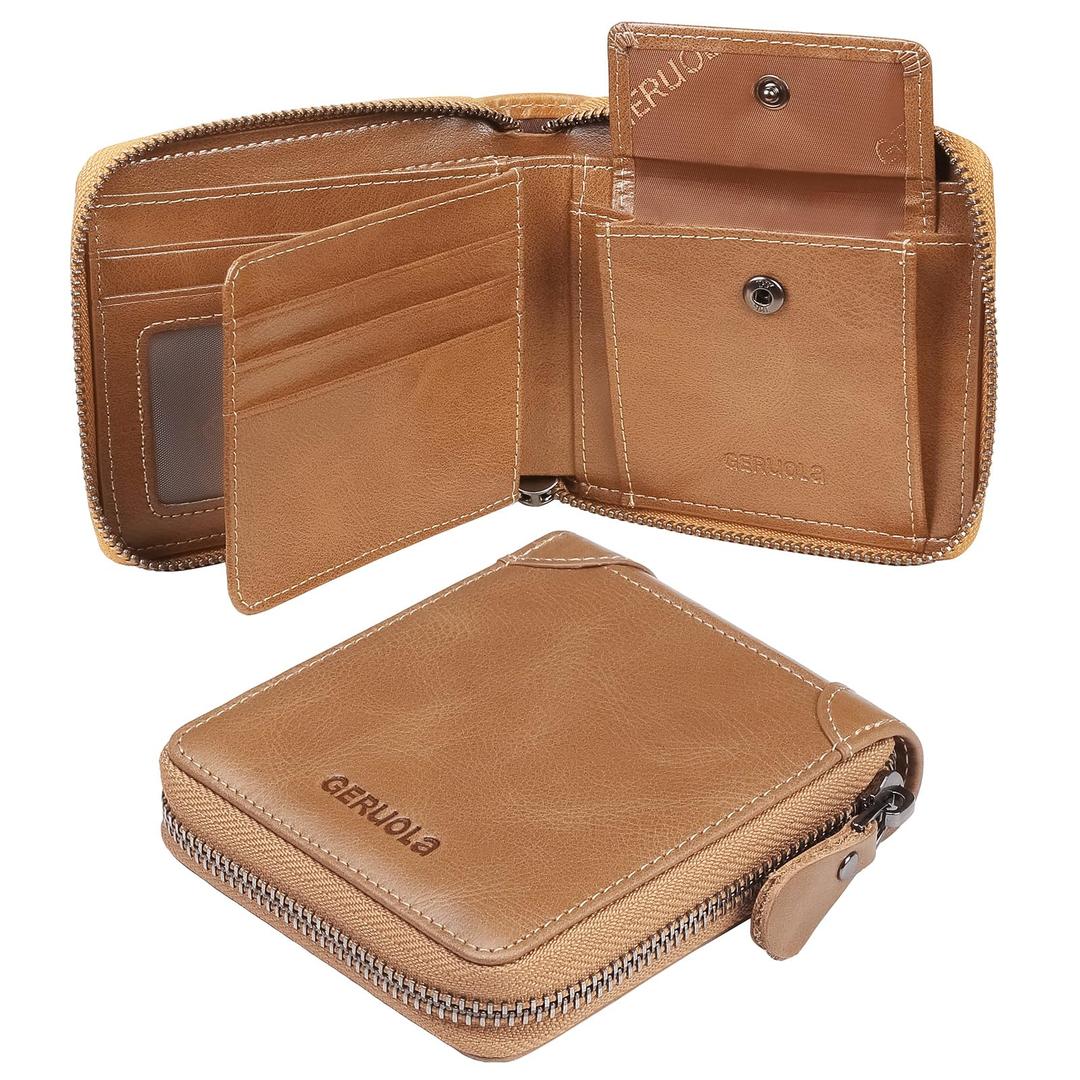 GERUOLA Men's Shielded Wallet Zipper Leather Wallet Men's Bifold RFID Card Case Wallets for Men (Khaki)