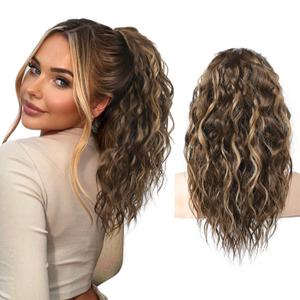 SEIKEA Ponytail Extension, 14" Short Wavy Drawstring Ponytail Multi Layered Fake Pony tails Hair Extensions Clip in Hair Extensions Chocolate Brown with Highlights, 