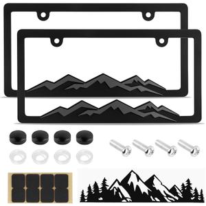 2PCS Car License Plates Frames with Raised Mountain Pattern & Mountain Car Decal, Stylish Cars Plates Frame with Screws & Caps, Decorative Cars Accessories Thin License Plate Frame
