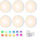 HELPLEX LED Puck Lights with Remote, 6 Pack Color Changing RGBW Stick-On Light, Battery Powered, Dimmable Under Cabinet Lighting with Timer & Memory, Wireless Push Lights for Kitchen & Closet