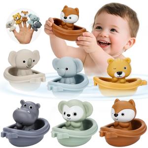 Bath Toys Float Boats for Kids Ages 18M+,Stackable Floaty Boat,Animal Finger Puppets,Toddler Toys Gifts for 2-4 Year Old Baby Gifts Valentines Easter Basket
