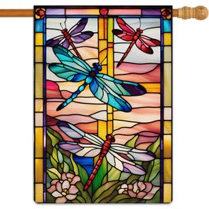 Spring Summer Dragonfly Garden Flag Stained Glass Style Flowers Garden Flag Vertical Double Sided Rustic Farmland Burlap Yard Lawn Outdoor Decor 28x40"