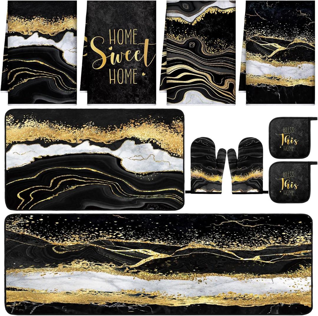10 Pcs Marble Farmhouse Kitchen Decor Accessories Set Marble Kitchen Dish Towels Rugs Oven Mitts and Pot Holders Sets for Cooking Baking(Black Gold,Modern)