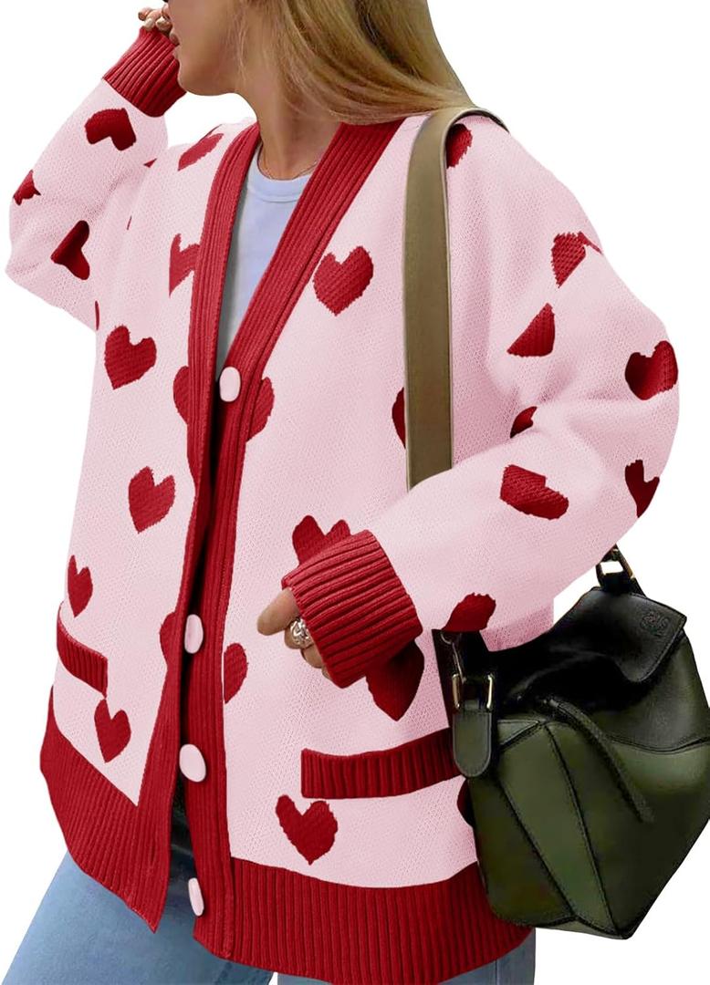Saodimallsu Womens Oversized Heart Cardigan Color Block V Neck Button Long Sleeve Chunky Valentines Sweaters (Pink)