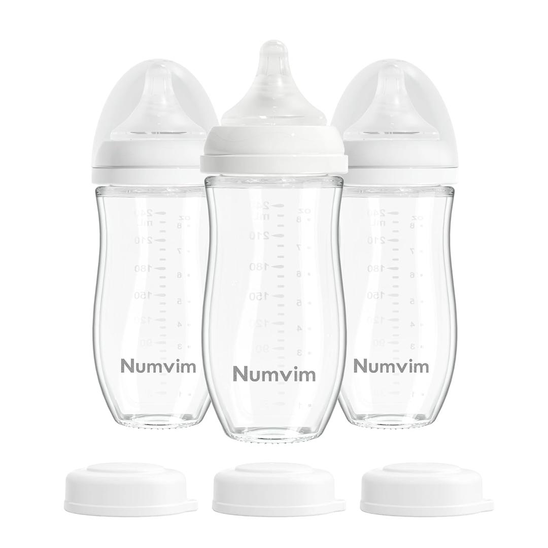 Natural Glass Baby Bottles with Gentle & Slow Flow Nipples, Newborn Breastfeeding Bottle, Anti-Colic, Includes M Nipples(3 Month+),3 Packs (White 8 Oz)
