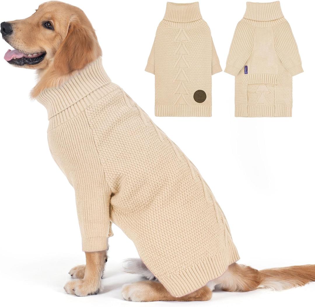 cyeollo Dog Sweater Turtleneck Knitted Sweaters with Long Sleeves Winter Clothing Dog Clothes Sweaters for Medium Large Dogs (Beige)