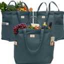 Nook Theory 3-Pack Reusable Grocery Bags - Heavy Duty, Large 12 Oz Cotton Canvas Reusable Shopping Bags With Pockets, 100% Cotton Cloth Grocery Totes, Foldable Multi Compartment (Ocean)