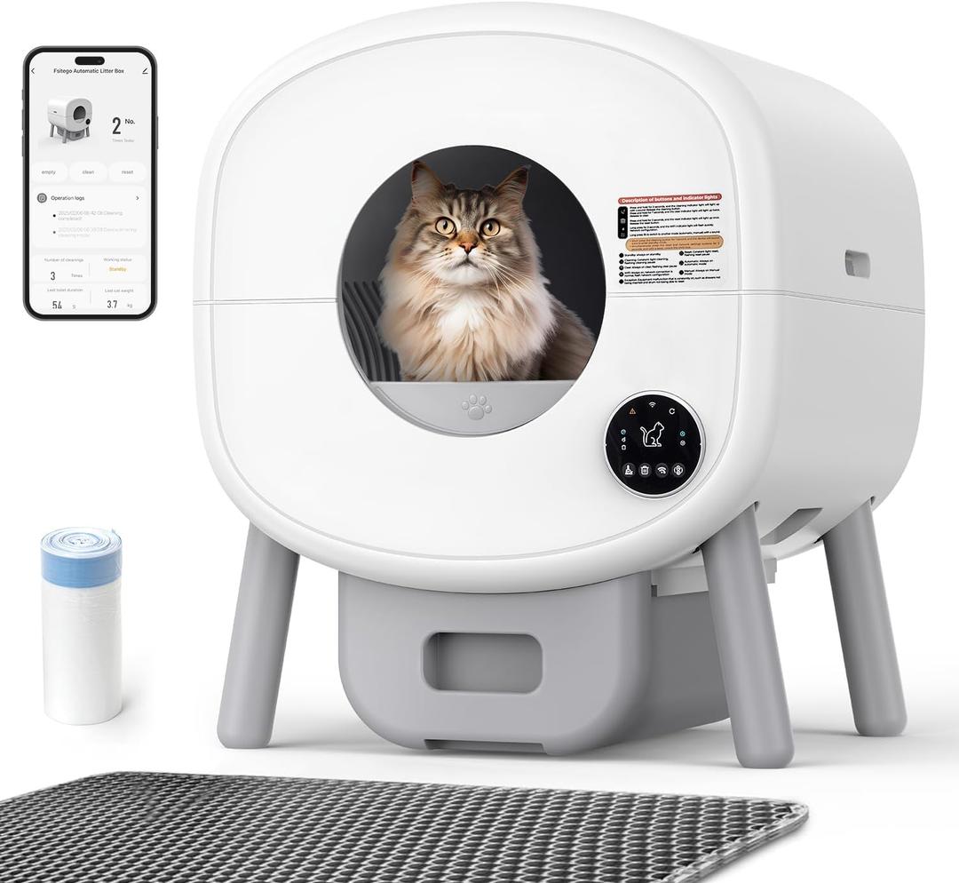 Fsitego Self Cleaning Cat Litter Box: 76L Extra Large Automatic Litter Box for Multiple Cats, Odor-Free, Smart App Control, Ambient Light Waste Disposal (Elegant White)