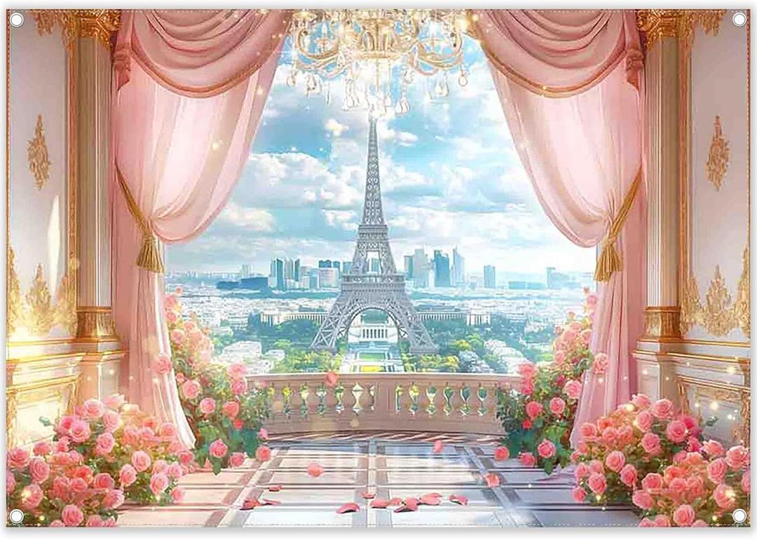 7x5ft Spring Paris Terrace Backdrop Eiffel Tower Pink Curtain Roses European City Landscape Photography Background Girls Party Decorations Photo Booth Banner