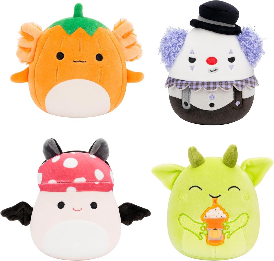 Squishmallows Original 5-Inch Halloween 4-Pack  Gabin Pumpkin Axolotl, Fitzy Goblin Holding Latte, Malcolm Bat Mushroom, Ms. K Purple Clown  Official Jazwares Plush (Little)