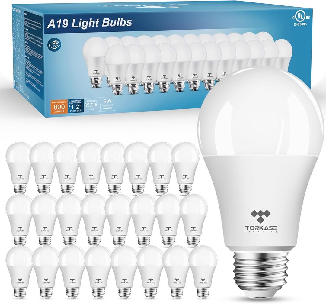 Torkase Light Bulbs, 9-Watt 800LM(60-Watt to 80-Watt Equivalent), Standard A19 LED Bulbs, Non-Dimmable, E26 2700K Soft White,Energy Efficient Frosted LED Light Bulbs,Flicker Free,UL Listed-24-Pack