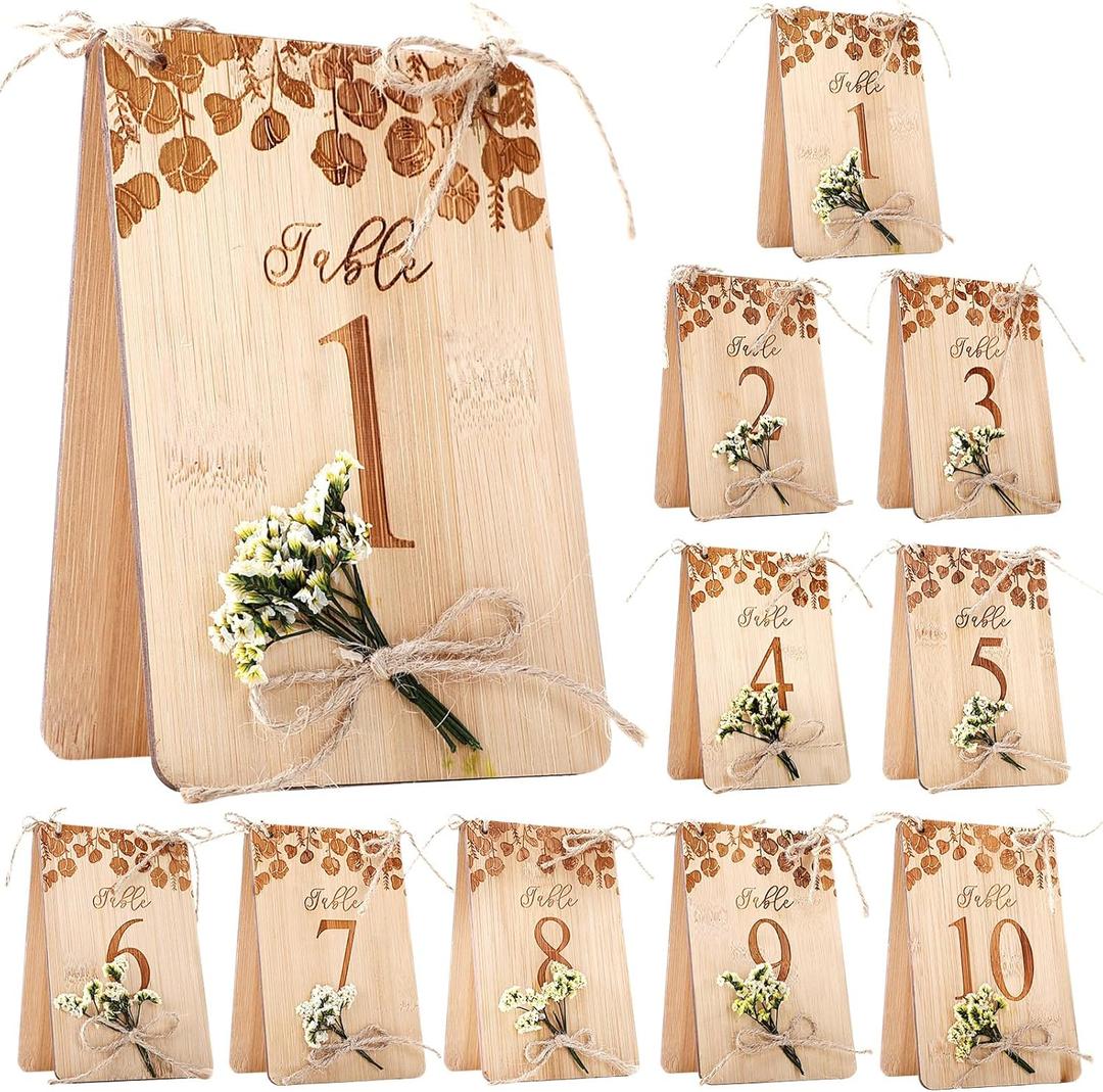 Chunful Wooden Wedding Table Numbers 1-10 for Wedding Reception, 4"x6" Rustic Eucalyptus & Floral Table Number Double-sided Signs for Centerpiece, Banquet, Party Decoration(Flowers Style)