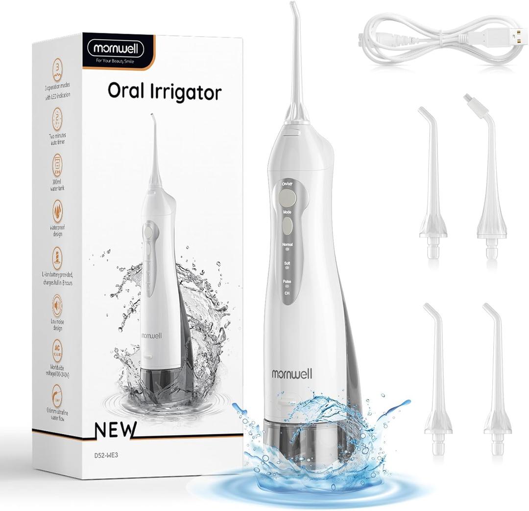 Mornwell Water Flosser Cordless, Water Flossers for Teeth - 300ML Tank and 4 Jet Tips, 3 Modes Portable Dental Oral Irrigator, Braces Care, Rechargeable Waterproof Portable Water Flosser (White)