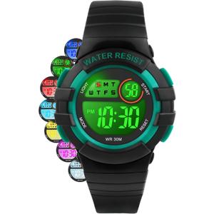 DTKID Digital Kids Watch 30 M Waterproof, 7 Color Lights Time Teaching Watch Easy to Read for Girls Boys 5-16 (Black-green)