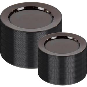 I00000 200 Pcs Clear Black Plastic Plates, Black Disposable Party Halloween Plates Include 100 Dinner Plate 10 and 100 Dessert Plate 7 Perfect for Wedding, Party & Halloween