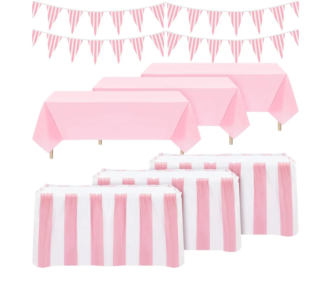 8 Pcs Pink Circus Theme Party Decors Disposable Table Skirts Pastel Circus Theme Tablecloths Pink White Striped Pennant Banners Carousel Party Decoration for Birthday Wedding Decor