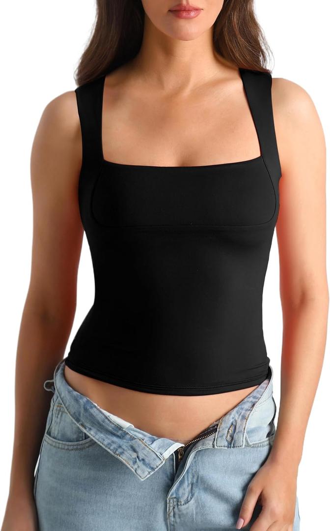 HOYAYO Women's Slim Fit Double-Layer Tank Top Square Neck Sleeveless Basic Fitted Tee Shirt (Medium, Black-chest Line)