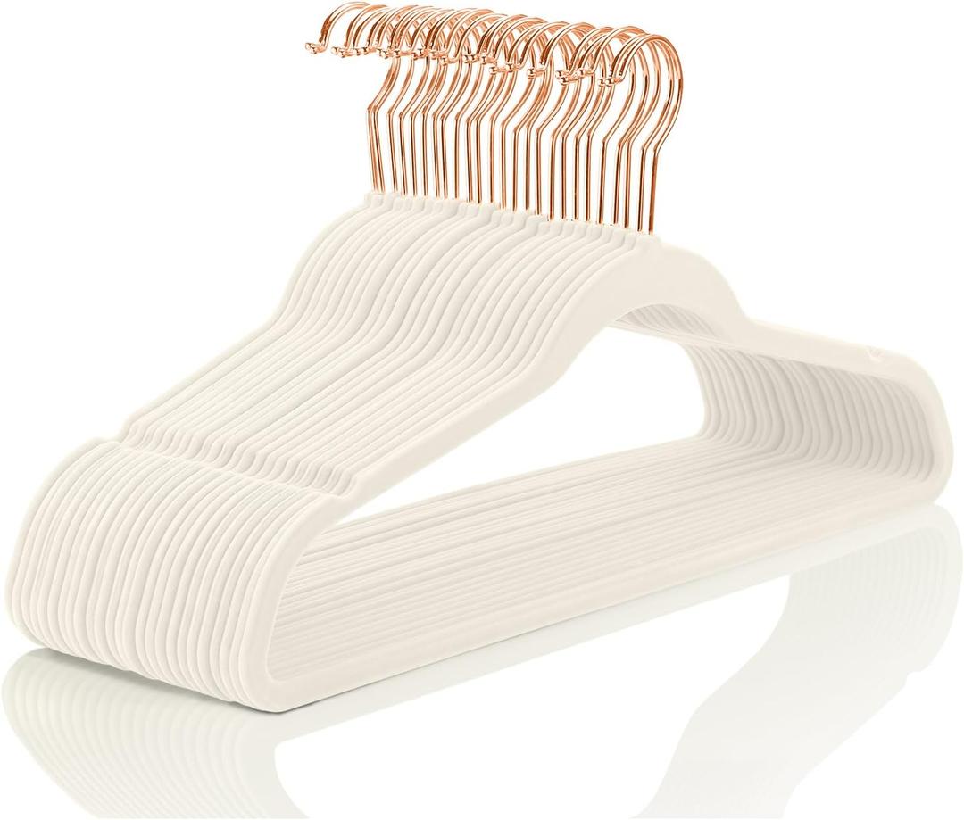 MIZGI Ivory Velvet Hangers 100 Pack Non Slip Heavy Duty Rose Gold Hooks
