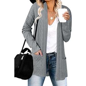 MEROKEETY Women's Casual Long Sleeve Open Front Cable Knit Cardigans Lightweight Solid Color with Pockets Size S
