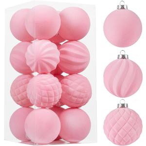 Wironlst Velvet Ornaments for Christmas Tree, 3 Style Flocked Matte Velvet Christmas Ball Ornaments, Shatterproof Decor for Xmas Tree Wedding Holiday Party Home (3.15" 16pcs Pink)