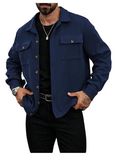 OYOANGLE Men's Long Sleeve Button Up Jacket Collared Neck Fall Shacket Coats Outerwear Deep Blue Small
