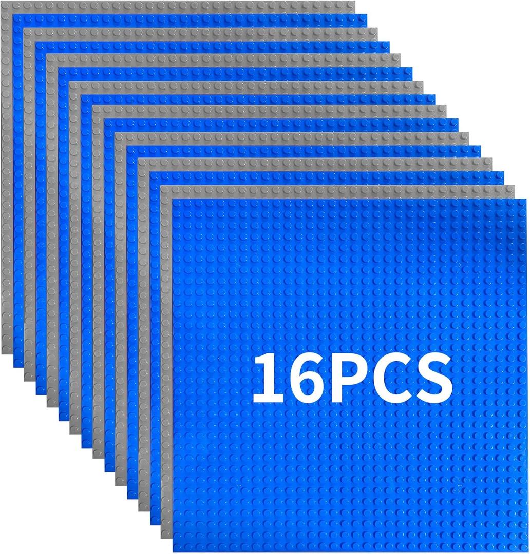 16 Pack Classic Baseplates Building Plates for Building Bricks 100% Compatible with All Major Brands-Baseplate, 10" x 10", Grey,Blue
