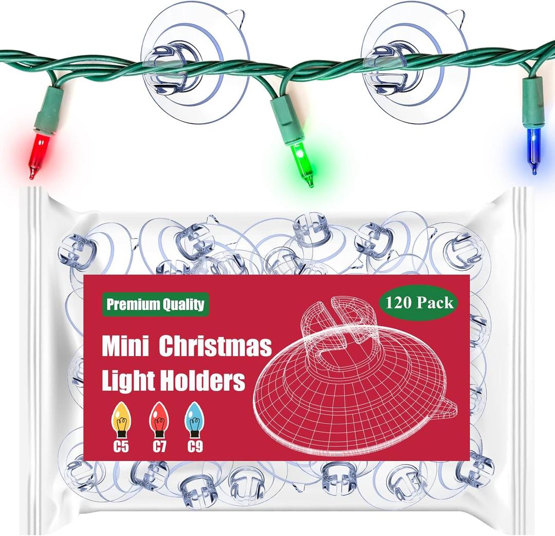 Miuezuth Mini Christmas Light Suction Cups [Set of 120] Small Holiday Light String Hooks Holders, Clear Rope Light Caddy Window Glass Suction Cup Clips Hang Seasonal Lights & Xmas Decorations
