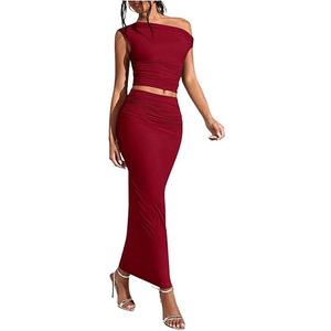 WDIRARA Women's Solid Asymmetrical Neck Two Piece Set One Shoulder Bodycon Maxi Skirt Set, Large